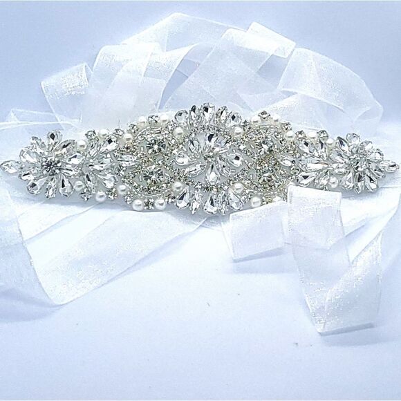 Rhinestone Pearl Beaded Bride Bridal Belt Wedding Dress Sash White Long Plus NWT - Picture 2 of 11